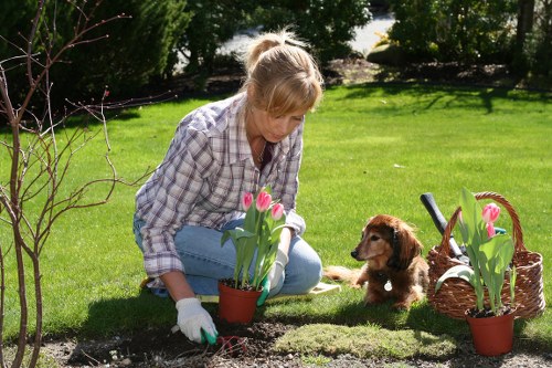 Landscape worker wearing PPE during garden maintenance in Towerhamlets
